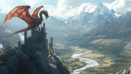 A majestic dragon perched atop an ancient castle, overlooking the vast landscape of Middle-earth with mountains
