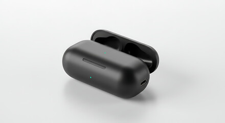 A Sleek Black Wireless Earbuds Charging Case with Open Lid, Offering a Clean, Modern Look Perfect for Minimalist Designs and