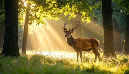 Fototapeta premium Majestic deer in the sunlit forest