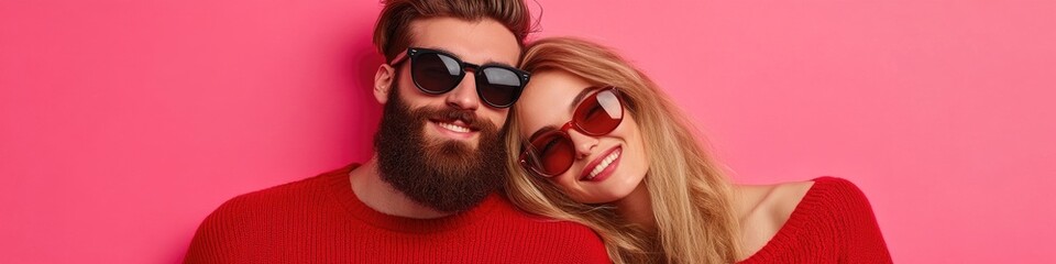 A man and woman in sunglasses, both wearing red sweaters, pose for the camera against an isolated, vibrant pink background.