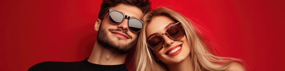 A man and woman in sunglasses, both wearing red sweaters, pose for the camera against an isolated, vibrant pink background.