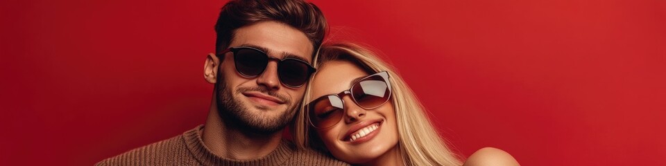 A man and woman in sunglasses, both wearing red sweaters, pose for the camera against an isolated, vibrant pink background.