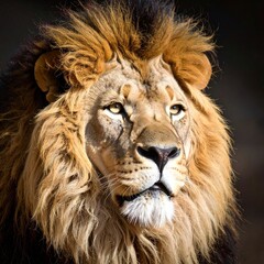 Fototapeta premium Close up portrait of a majestic lion in dramatic lighting