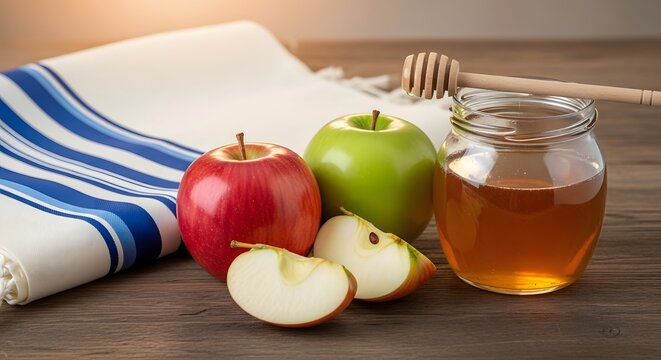 A still life featuring apples, honey, and a striped cloth, symbolizing a Jewish holiday.