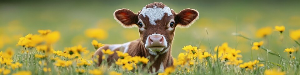 A cute baby calf in the middle of yellow flowers, with a green grass background
