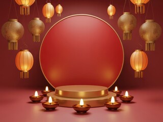Golden podium with chinese lanterns and candles for the lunar new year