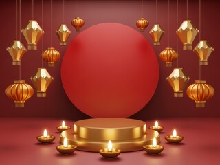 Golden podium with chinese lanterns and candles for the lunar new year