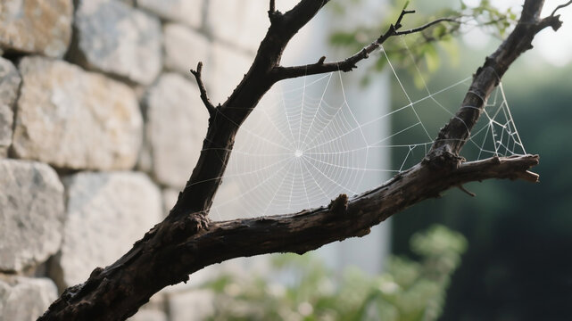 A symbolic business-themed photo of a dry, dark tree branch with spider webs, representing challenges, resilience, and growth in business.
