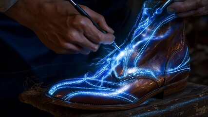 AI Empowered Micro Jobs: Craftsman Working on a Boot with Futuristic Energy and Artificial Intelligence