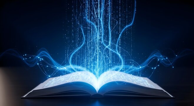 Illuminated open book emitting streams of bright blue digital information and energy