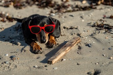A dachshund dog wearing sunglasses is lying on the beach with its head in the sand, its legs sticking out from behind.