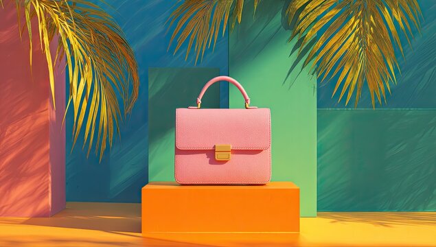 Pink handbag on a colorful display.  Tropical palm leaves cast shadows on a vibrant backdrop of teal, orange, and coral.  A pop of sunny yellow light highlights the scene
