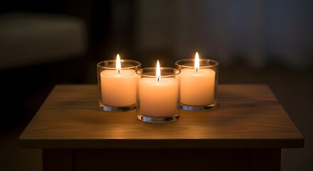 Three small, lit candles in glass holders on a wooden table in a dark room.