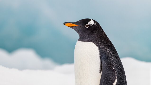 A side portrait of a Gentoo penguin standing on a patch of ice. The vibrant orange beak and striking white eye-patch stand out against the soft blue and white background.