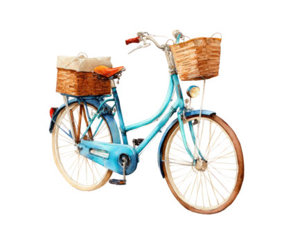 Teal bicycle with wicker baskets