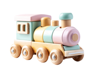 Pastel-colored wooden train toy, light pink, mint green, and beige.  Simple design with multiple sections, visible wooden construction, and round wheels