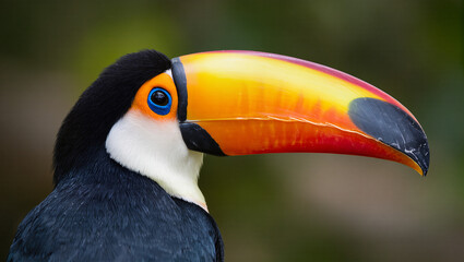 Fototapeta premium A captivating, close-up profile shot of a Toco toucan. The image focuses on its incredible, colorful beak and bright blue eye, showcasing the striking beauty and unique features of this tropical bird.