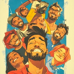 Diverse group of friends embracing unity and happiness in a vibrant cartoon style portrait