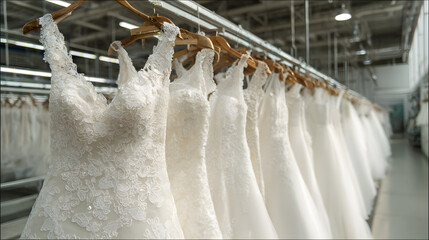 Wedding dresses hang on hangers. Factory of wedding resses.