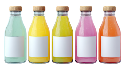 Five glass bottles filled with colorful beverages
