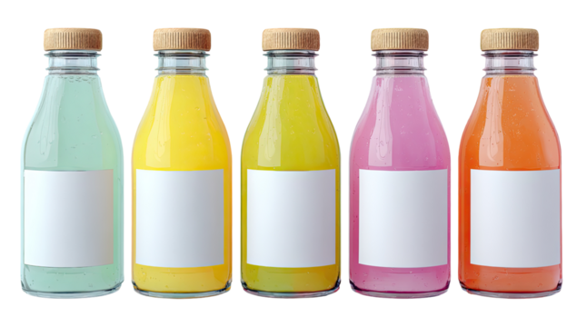 Five glass bottles filled with colorful beverages