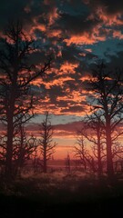 Dramatic Sunset Silhouette of Bare Trees Against Vibrant Orange Pink Sky