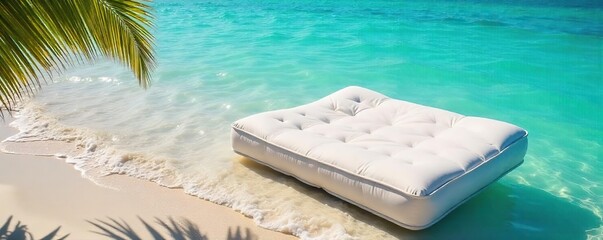Relaxing summer day at the beach, a mattress floats gently on the turquoise water, sun-kissed and inviting Perfect for a carefree escape , heat, peaceful, sea air