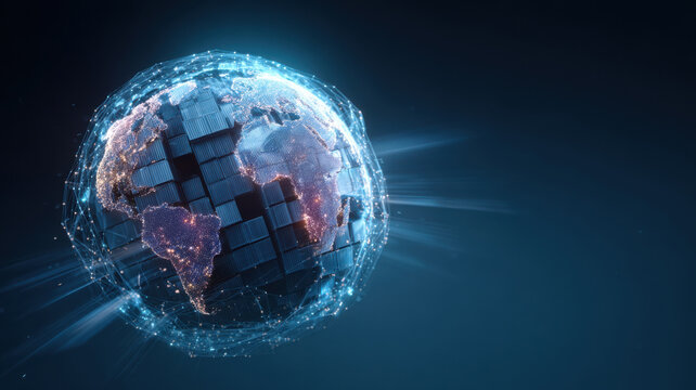 Digital hologram of import/export flow above globe,