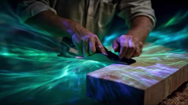 AI Empowered Micro Jobs: Artisan's Hands Crafting Wood with Digital Light Overlay and Advanced Technology