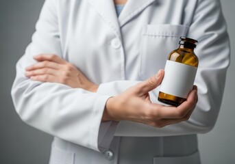 Pharmacist Holding Medication Bottle with Blank Label in a Clinic Setting