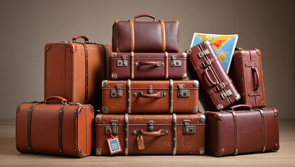 A large stack of vintage leather suitcases and trunks in varying shades of brown. A rolled-up map in the background adds a sense of adventure and nostalgia, symbolizing a journey.