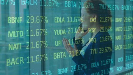 Stock market data processing against caucasian businesswoman talking on smartphone at office - Powered by Adobe
