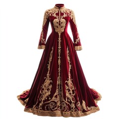 A floor-length, red velvet dress with golden embroidery, resembling a medieval fantasy wedding gown.