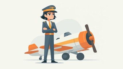 Female pilot in front of vintage airplane illustration