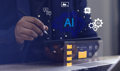 Businessman using digital pen on tablet to manipulate data with brain icon. AI, artificial intelligence, cloud computing and digital transformation in modern business environment.