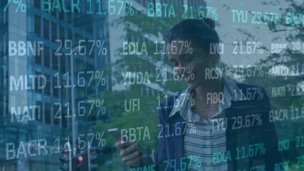 Stock market data processing against caucasian businesswoman using smartphone on the street - Powered by Adobe