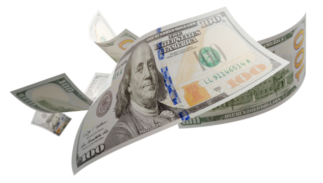 Randomly Falling U.S. 100 Dollar Bills on a Transparent Background. Transparent PNG. - Powered by Adobe