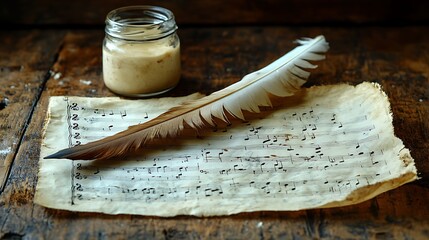 Vintage music sheet with quill and ink jar