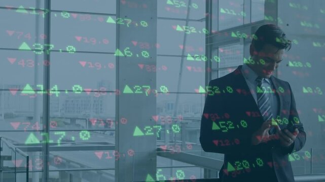 Stock market data processing against caucasian businessman using smartphone at office