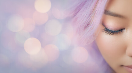 Pastel pink and lavender hair, partial face of young woman with closed eye, soft makeup, long eyelashes, smooth skin, dreamy bokeh background, gentle and serene mood