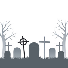 Cemetery scene with tombstones and bare trees crosses grass
