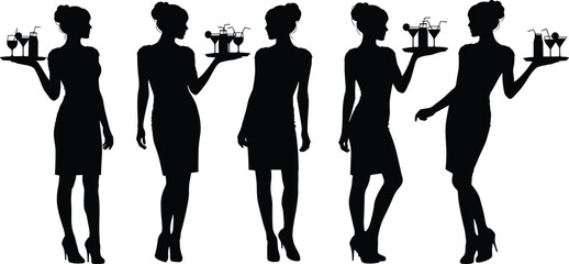 Waitress silhouettes vector, female server illustration, tray carrying clipart, drink service graphic, hospitality industry image, elegant pose artwork,