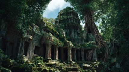 Ancient temple overgrown with jungle