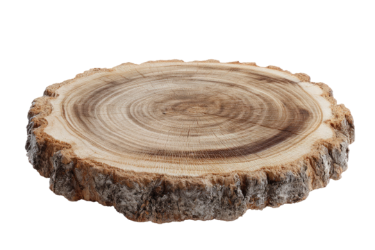 Close-up of a circular wooden slice.  Natural wood grain, concentric rings, rough bark edge