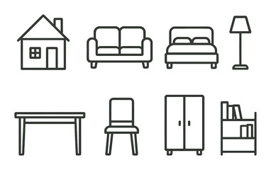 Minimalist home furniture icons: sofa, bed, lamp, table, chair, wardrobe, bookshelf