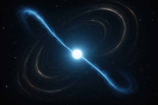 Distant pulsar star with powerful blue energy jets in the cosmos. A stunning celestial illustration depicting a dynamic astrophysical event in a dark, star-studded galaxy.