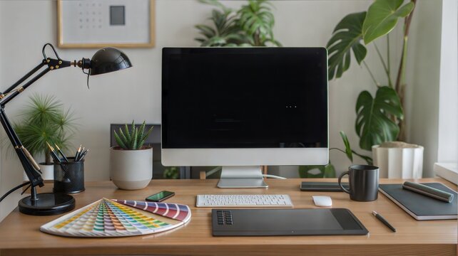 Designer's desk with computer plants and color swatches. - Powered by Adobe