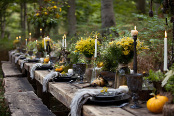 Autumn outdoor long banquet table setting in the woos with candles and flowers fall harvest season, rustc, fete party, outside dinng tablescape