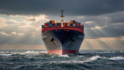 A large cargo container ship sailing on a rough, open sea under a dramatic, cloudy sky. The low-angle view and dynamic lighting capture the power of global trade, shipping, and logistics.

