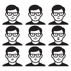 Collection of diverse male avatars with glasses isolated on white background